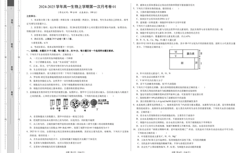 高一生物第一次月考卷01（A3考试版）测试范围：必修1第1~2章（新高考通用）_1多考区联考试卷