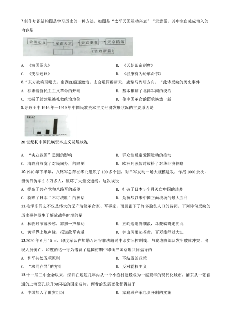 精品解析：湖南省益阳市2020年中考历史试题（原卷版）_中考真题_6.历史中考真题2015-2024年_2020历史真题79份_2020年中考真题精品解析历史（湖南益阳卷）精编word版
