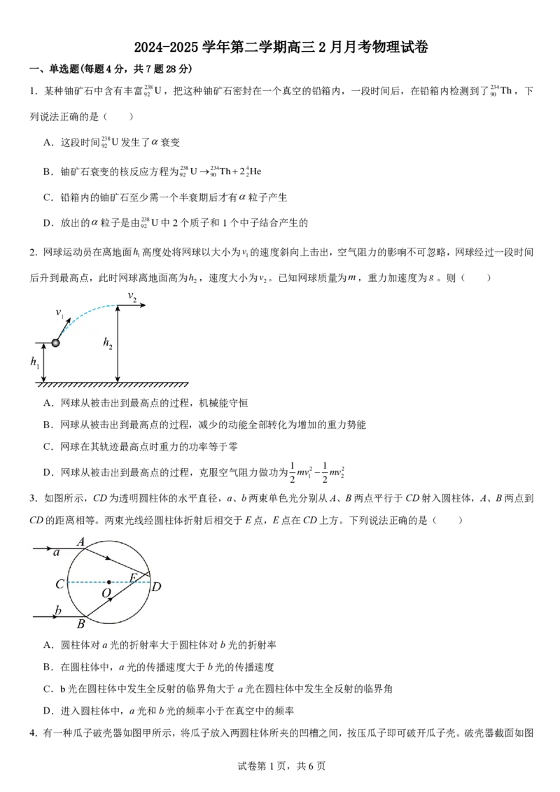 南昌十九中2024-2025学年第二学期2月月考高三物理_2025年2月_250223江西省南昌市第十九中学2024-2025学年高三下学期2月月考（全科）_南昌十九中2024-2025学年第二学期2月月考高三物理