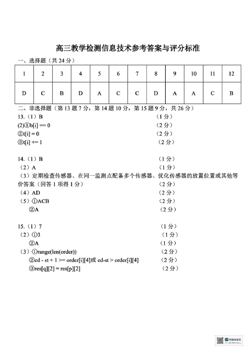2025届浙江省杭州市高三二模教学质量检测技术试题（含答案）_2025年4月_2504072024学年第二学期杭州市高三年级教学质量检测（杭州二模）
