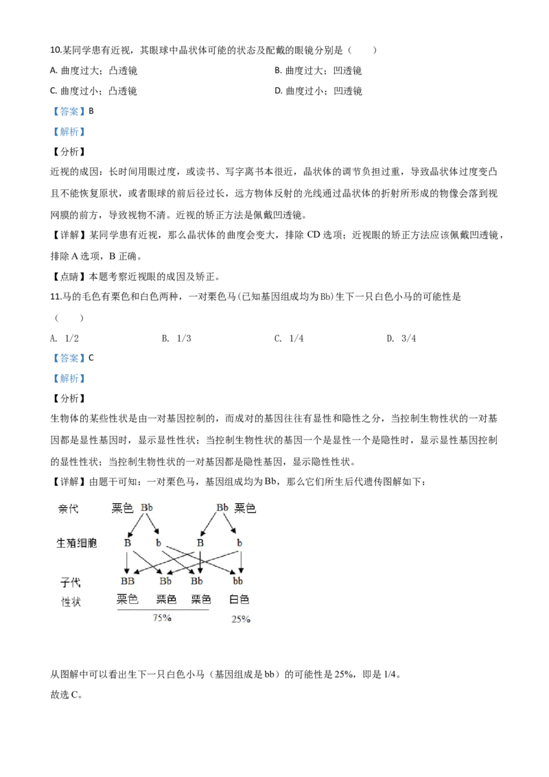 精品解析：山西省阳泉市2020年中考生物试题（解析版）_中考真题_8.生物中考真题2015-2024年_2020生物真题74份_2020年中考真题精品解析生物(山西阳泉卷)精编word版