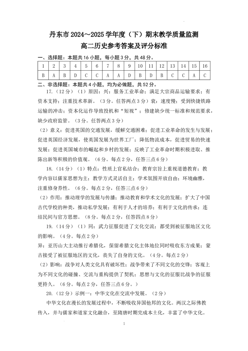 2024-2025（下）期末教学质量监测高二历史参考答案_2025年8月_250801辽宁省丹东市2024-2025学年高二下学期期末教学质量监测（全科）
