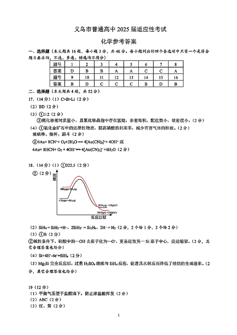 2025年金华市义乌市高三三模-化学答案_2025年5月_2505142025年金华市义乌市高三三模适应性考试（全科）_2025年金华市义乌市高三三模适应性考试化学