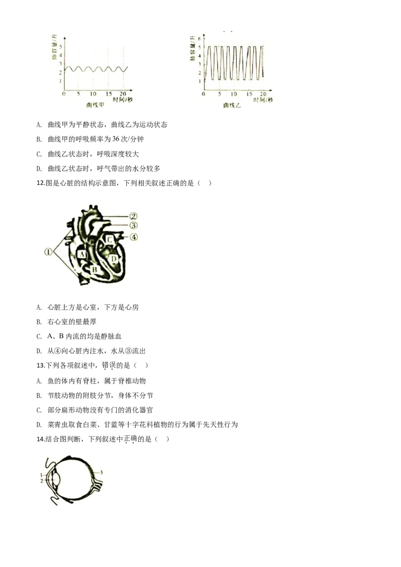 精品解析：湖南省衡阳市2020中考生物试题（原卷版）_中考真题_8.生物中考真题2015-2024年_2020生物真题74份_2020年中考真题精品解析生物（湖南衡阳卷）精编word版