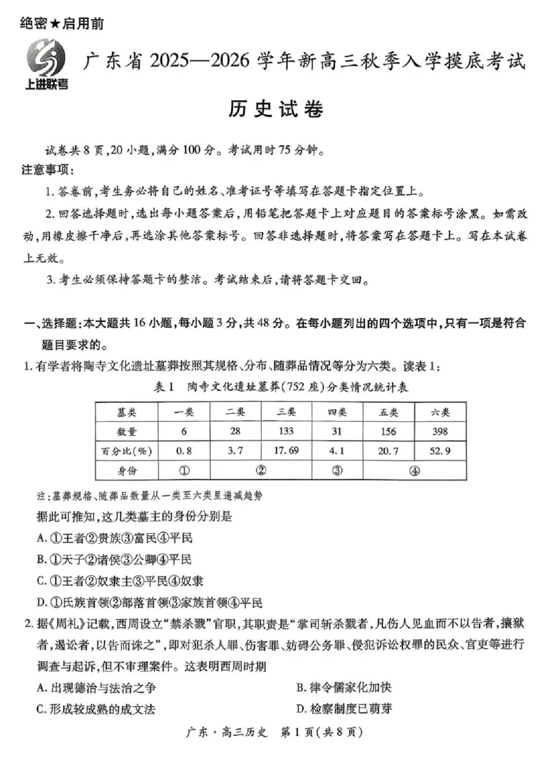 上进联考2025-2026学年新高三秋季入学摸底考试历史_2025年8月_250830广东省上进联考2025-2026学年新高三秋季入学摸底考试（全科）