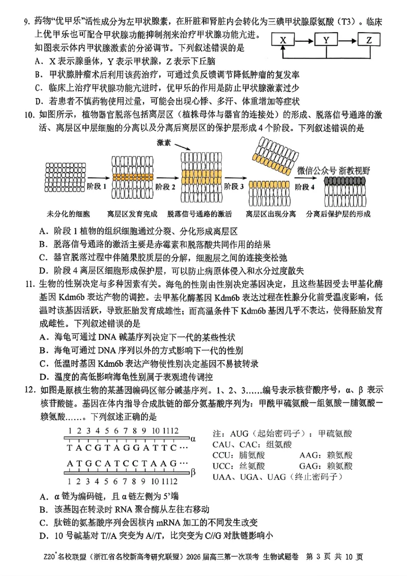 Z20+名校联盟（浙江省名校新高考研究联盟）2026届高三第一次联考生物_2025年8月_250823Z20+名校联盟（浙江省名校新高考研究联盟）2026届高三第一次联考（全科）
