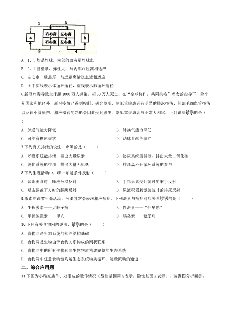 精品解析：四川省遂宁市2020年中考生物试题（原卷版）_中考真题_8.生物中考真题2015-2024年_2020生物真题74份_2020年中考真题精品解析生物（四川遂宁卷）精编word版