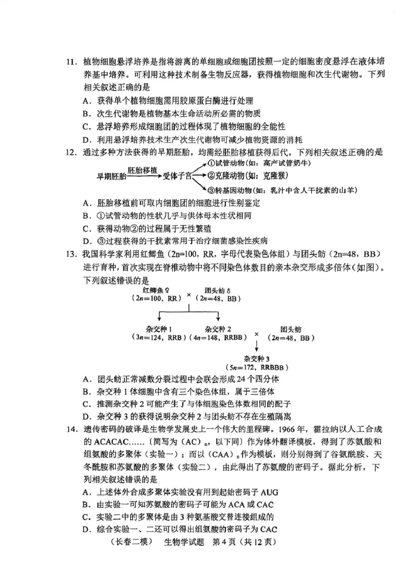 2025届吉林省长春市高三下学期质量监测(二)生物试题_2025年2月_250225吉林省长春市2025届高三质量监测（二）（长春二模）（全科）_2025届吉林省长春市高三下学期质量监测（二）生物学