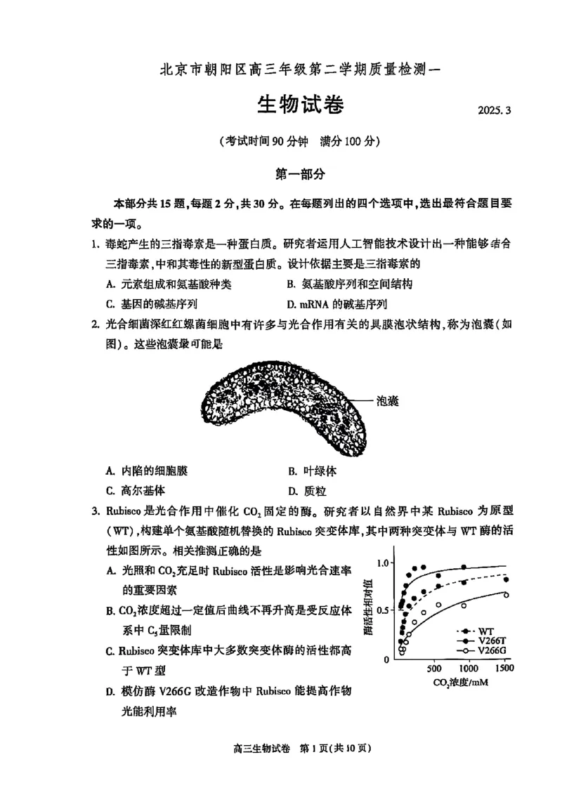 2025北京朝阳高三一模生物试题及答案_2025年4月_250407北京市朝阳区2025届高三一模（全科）