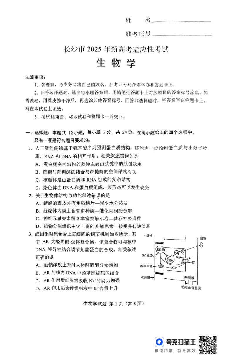 2025届湖南省长沙市高三上学期新高考适应性考试生物考试试题_2025年1月_250114长沙市2024-2025学年高三上学期新高考适应性考试（全科）