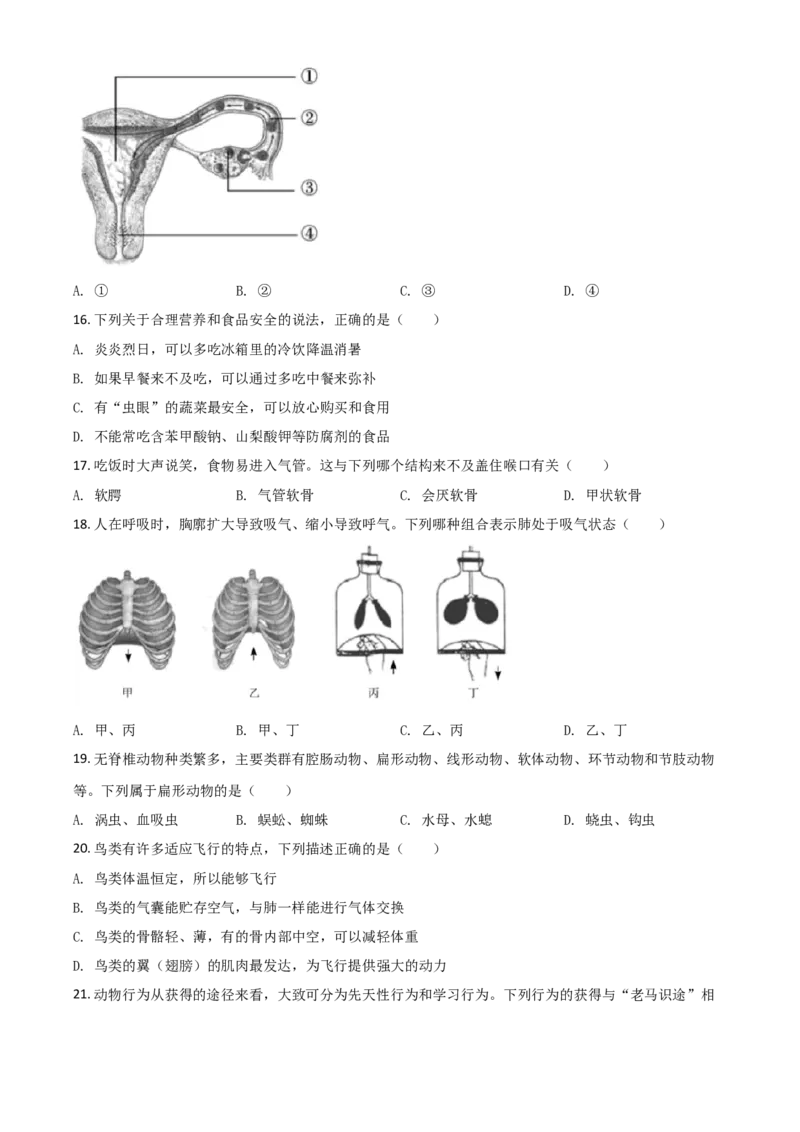 精品解析：湖南省郴州市2020年中考生物试题（原卷版）_中考真题_8.生物中考真题2015-2024年_2020生物真题74份_2020年中考真题精品解析生物(湖南郴州卷)精编word版