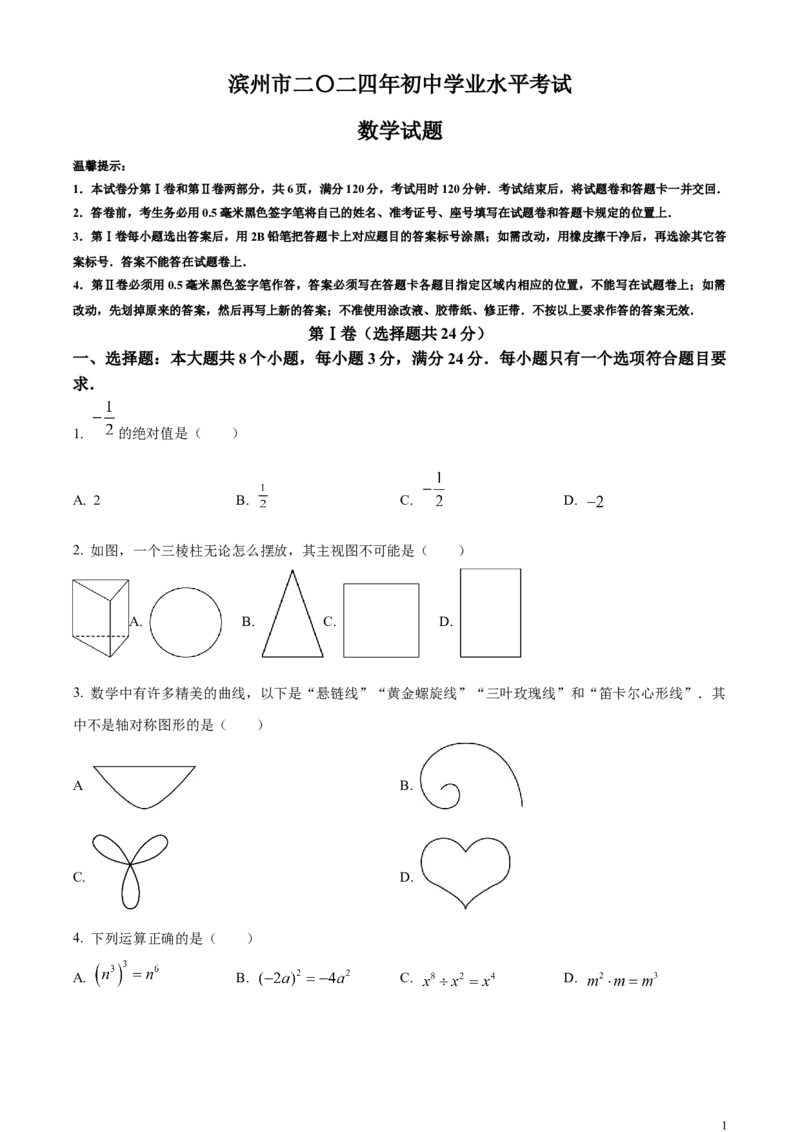 精品解析：2024年山东省滨州市中考数学试题（原卷版）_中考真题_2.数学中考真题2015-2024年_2024中考数学真题