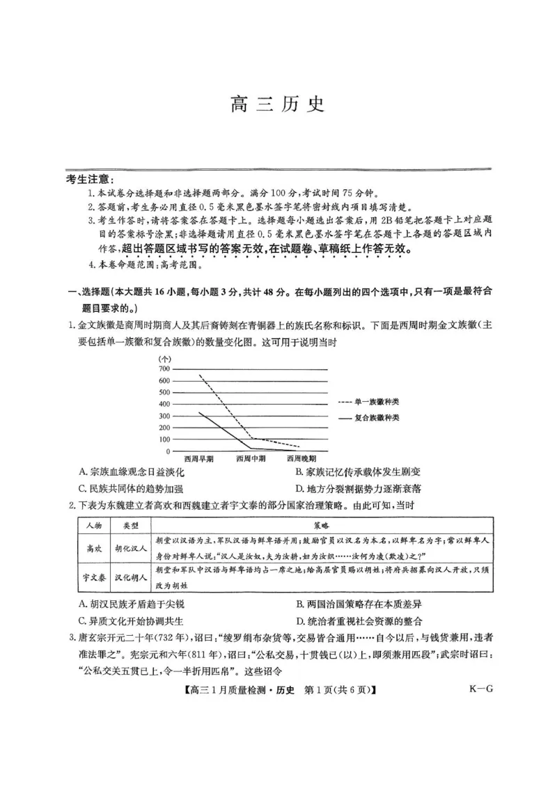 2025届九师联盟高三上学期1月期末历史试题+答案（K-G）_2025年1月_250123九师联盟2025届高三1月质量检测G（1.22-23）（全科）