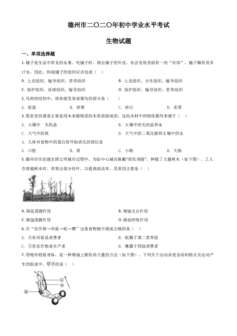 精品解析：山东省德州市2020中考生物试题（原卷版）_中考真题_8.生物中考真题2015-2024年_2020生物真题74份_2020年中考真题精品解析生物（山东德州卷）精编word版