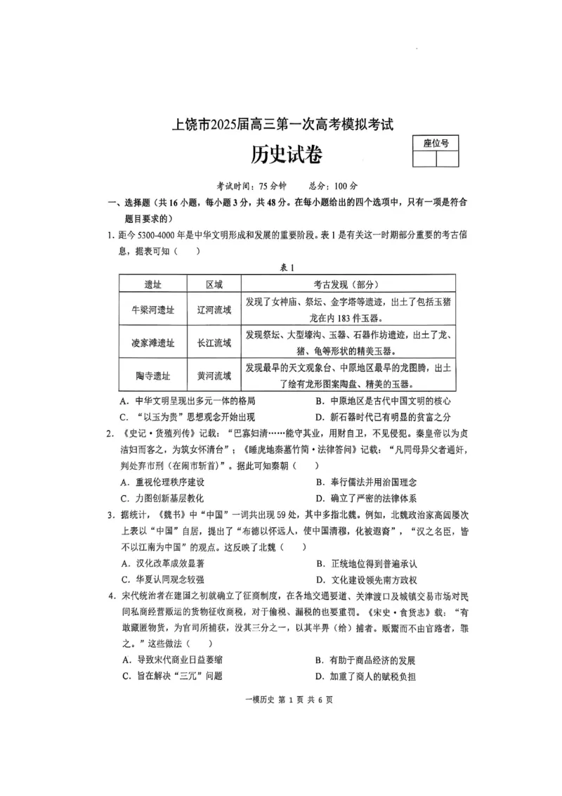 上饶市2025届高三第一次高考模拟考试历史试卷_2025年1月_250118江西省上饶市2025届高三第一次高考模拟考试_上饶市2025届高三第一次高考模拟考试历史试卷