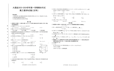 青海省西宁市大通县2023-2024学年高三上学期期末考试数学试题（文科）_2024届青海省西宁市大通县高三上学期期末考试（金太阳293C）