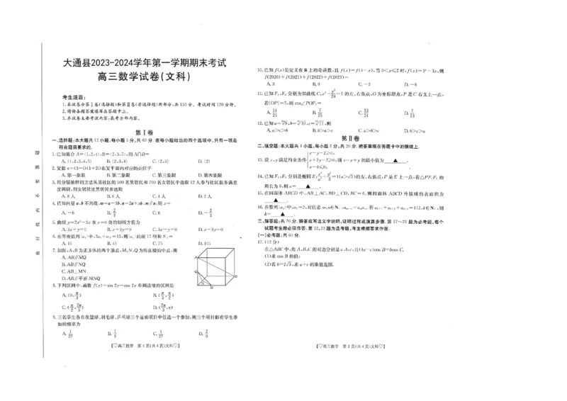 青海省西宁市大通县2023-2024学年高三上学期期末考试数学试题（文科）_2024届青海省西宁市大通县高三上学期期末考试（金太阳293C）
