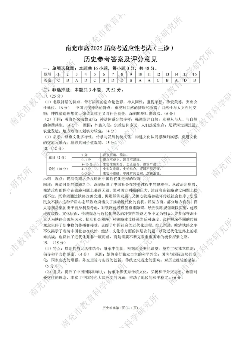 历史答案_2025年4月_250409四川省南充市高2025届高考适应性考试（南充三诊）（全科）_四川省南充市高2025届高考适应性考试（三诊）历史