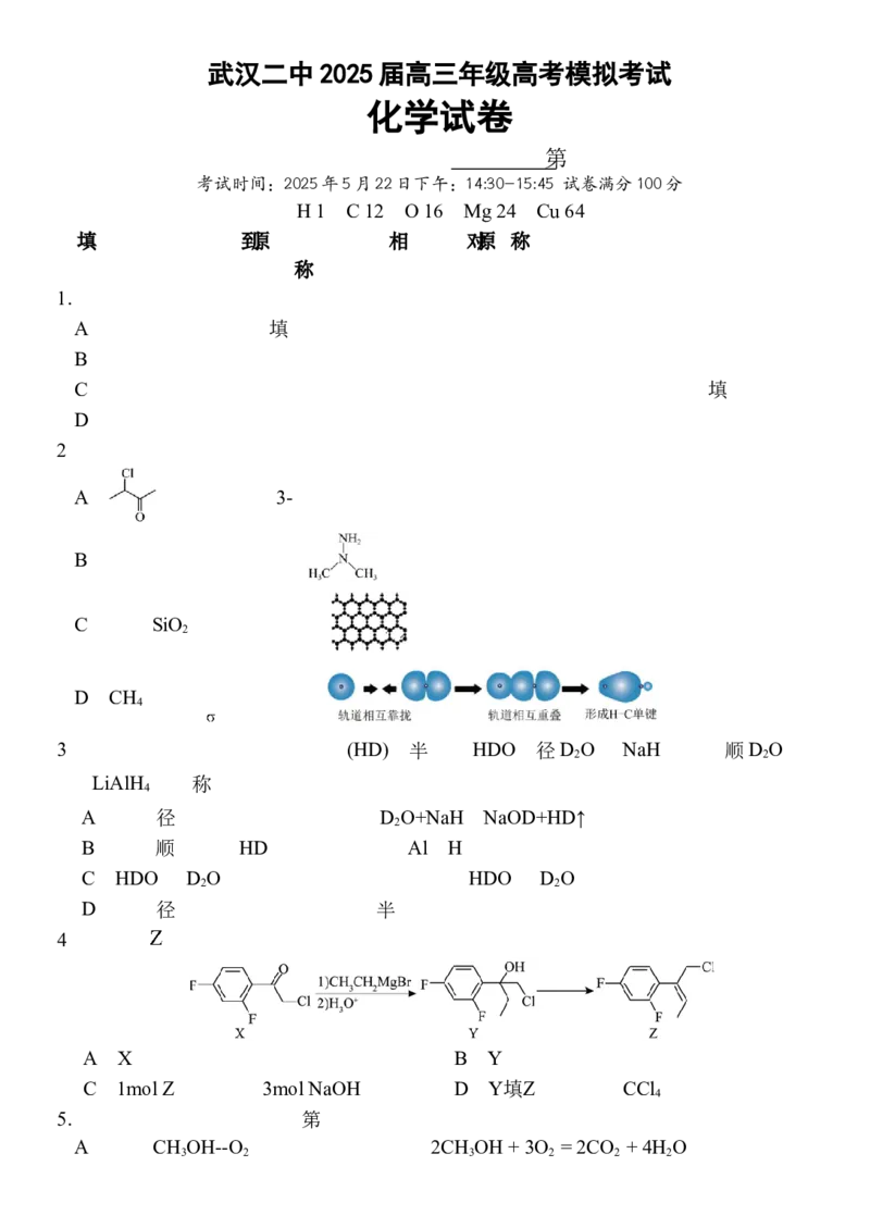 2025届湖北省武汉市第二中学高三下学期模拟考试化学试卷_2025年5月_2505272025届湖北省武汉市第二中学高三模拟预测试题