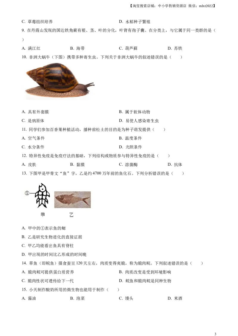 精品解析：2024年广东省中考生物真题（原卷版）_中考真题_8.生物中考真题2015-2024年_2024年中考生物真题_精品解析：2024年广东省中考生物真题