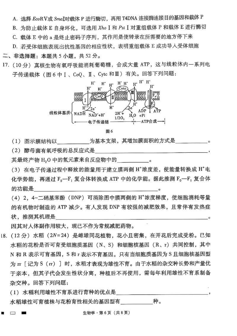 云南师范大学附属中学2025届高三下学期开学考试生物_2025年2月_250220云南师范大学附属中学2025届高三下学期开学考试（月考八）（全科）