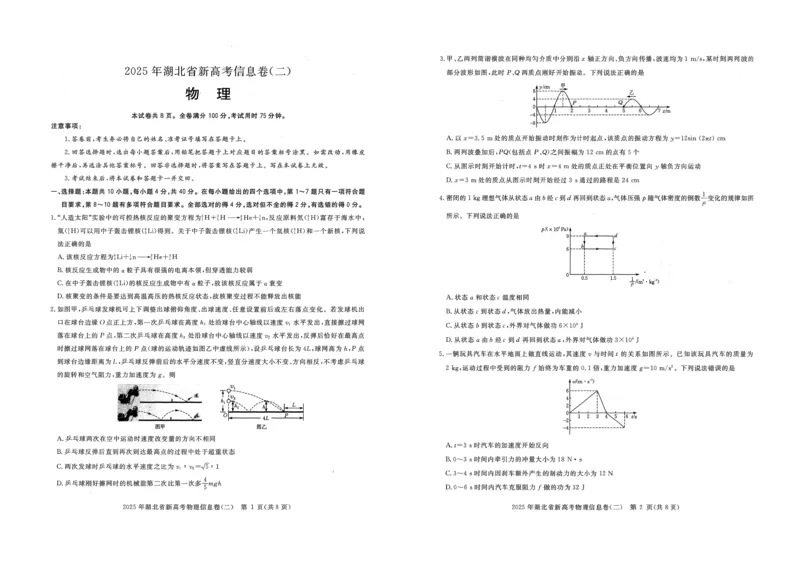 2025年湖北省新高考信息卷（二）物理_2025年5月_2505142025年湖北省新高考信息卷（二）（全科）