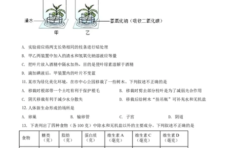 精品解析：云南省2021年中考生物试题（原卷版）_中考真题_8.生物中考真题2015-2024年_2021中考生物真题64份_2021云南
