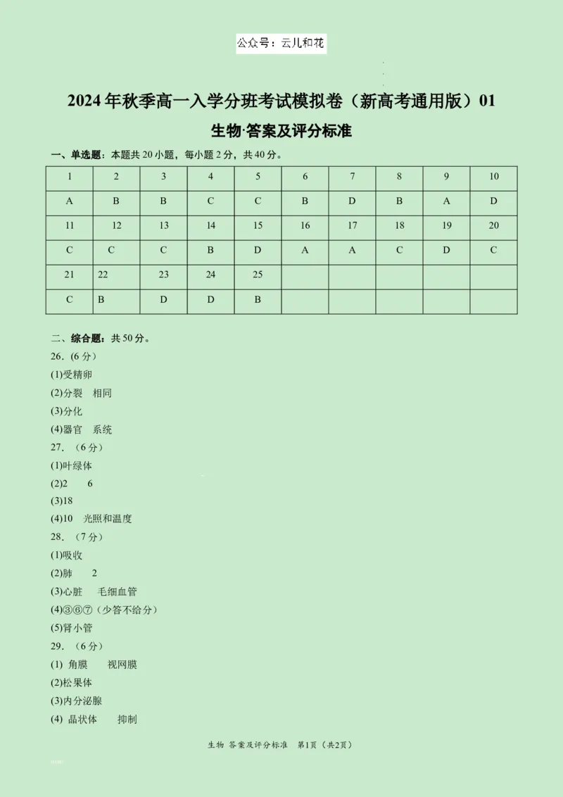 高一生物（新高考通用）01（答案及评分标准）_1多考区联考试卷_08272024年秋季高一入学分班考试模拟卷（word解析含答题卡）_生物（新高考通用）01-2024年秋季高一入学分班考试模拟卷