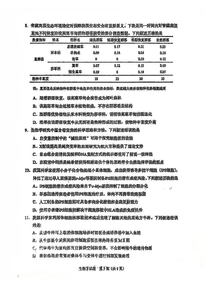 2025年1月山西、陕西、宁夏、青海普通高等学校招生考试适应性测试（八省联考）生物试卷（无答案）_2025年1月_2501062025年高考综合改革适应性演练（八省联考）