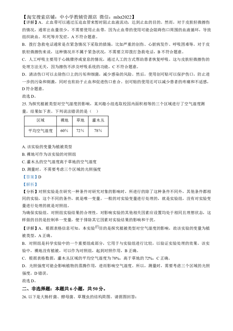 精品解析：2024年湖南省中考生物真题（解析版）_中考真题_8.生物中考真题2015-2024年_2024年中考生物真题_精品解析：2024年湖南省中考生物真题