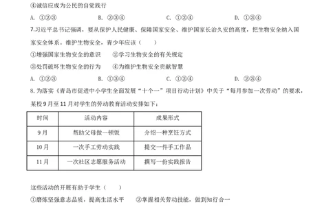 精品解析：山东省青岛市2020年中考道德与法治试题（原卷版）_中考真题_7.政治中考真题2015-2024年_2020政治真题79份_2020年中考真题精品解析道德与法治（山东青岛卷）精编word版