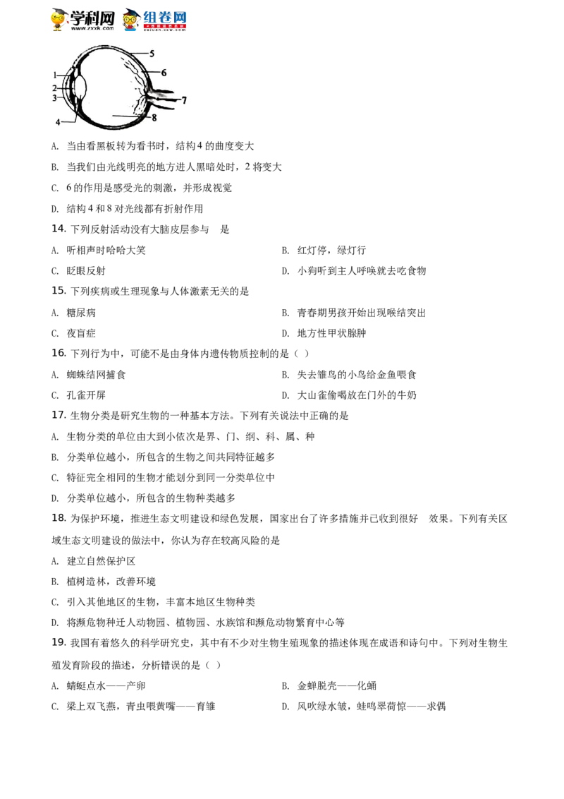 精品解析：山东省聊城市2021年中考生物试题（原卷版）_中考真题_8.生物中考真题2015-2024年_地区卷_山东省_山东聊城生物10-22