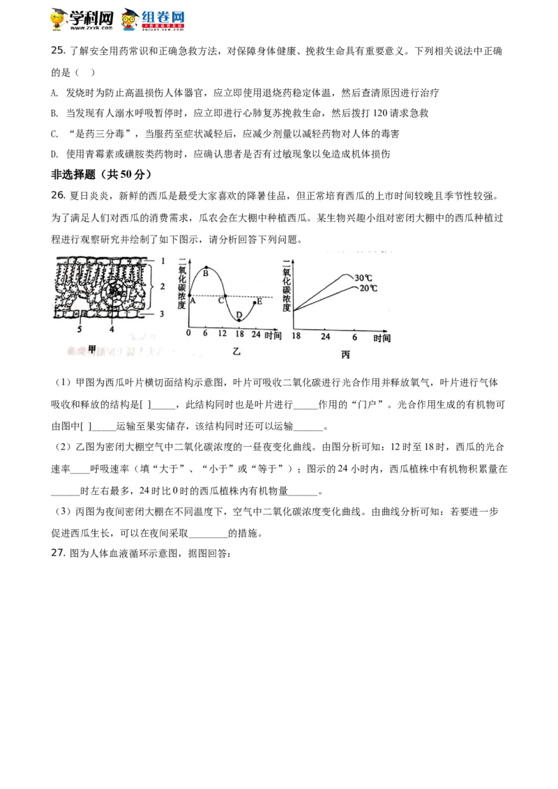 精品解析：山东省聊城市2021年中考生物试题（原卷版）_中考真题_8.生物中考真题2015-2024年_地区卷_山东省_山东聊城生物10-22