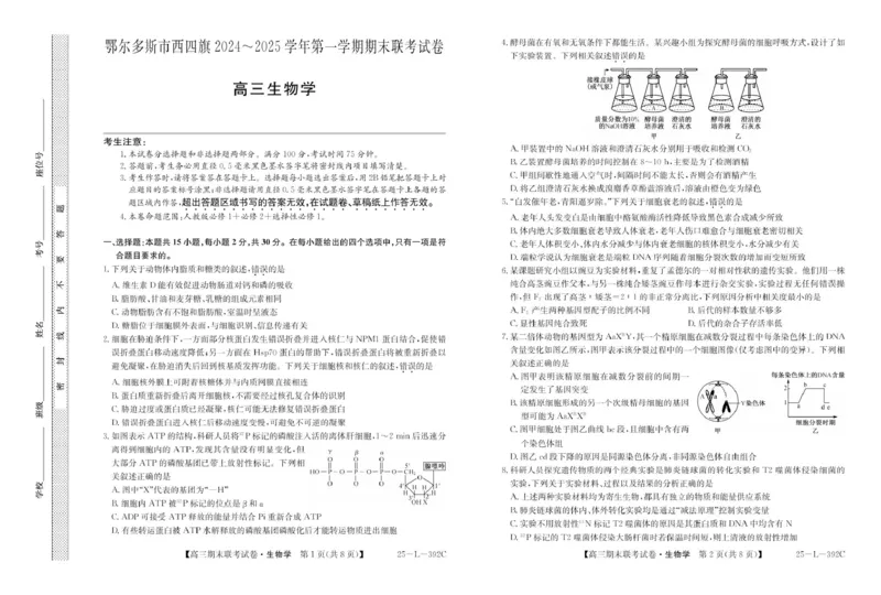 内蒙古鄂尔多斯市西四旗2024-2025学年高三上学期期末联考生物试题_2025年1月_250113内蒙古鄂尔多斯市西四旗2025届高三上学期期末联考（全科）