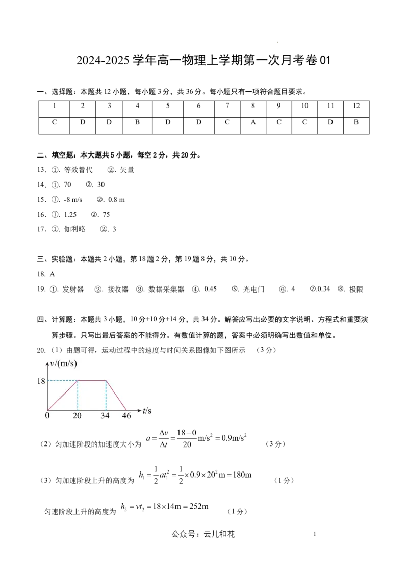 高一物理第一次月考卷（参考答案）（沪科版）（上海专用）_1多考区联考试卷_0922黄金卷：2024-2025学年高一上学期第一次月考9科word解析版含答题卡（上海专用）