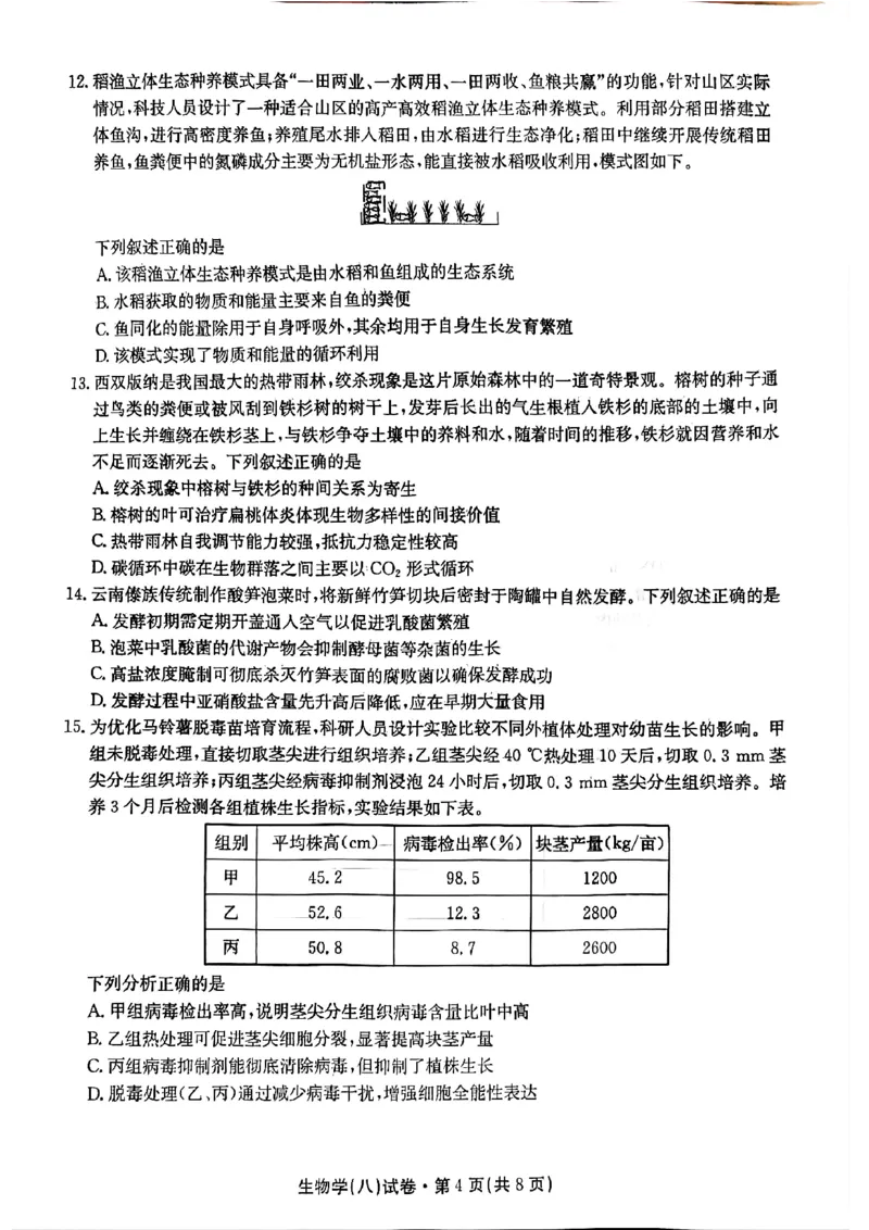 2025届云南名校月考（八）生物_2025年5月_250511云南省名校联盟2025届高三月考（八）（全）