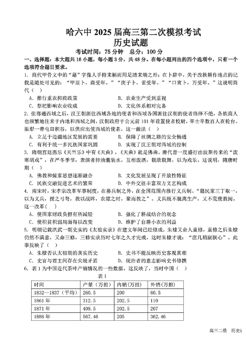 2025黑龙江哈尔滨六中高三第二次模拟考试历史含答案_2025年4月_250406黑龙江哈尔滨第六中学2025届高三第二次模拟考试（全科）