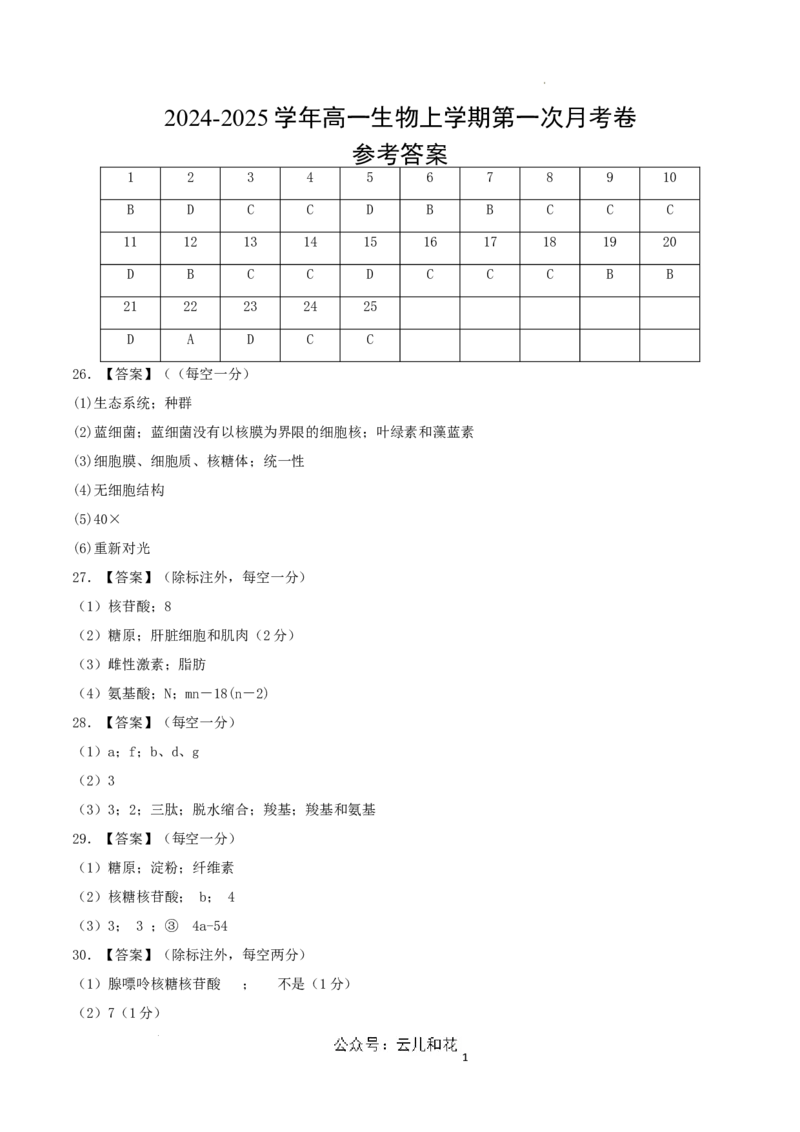 高一生物第一次月考卷（参考答案）_1多考区联考试卷_0924黄金卷：2024-2025学年高一上学期第一次月考9科word解析版含答题卡（天津专用）