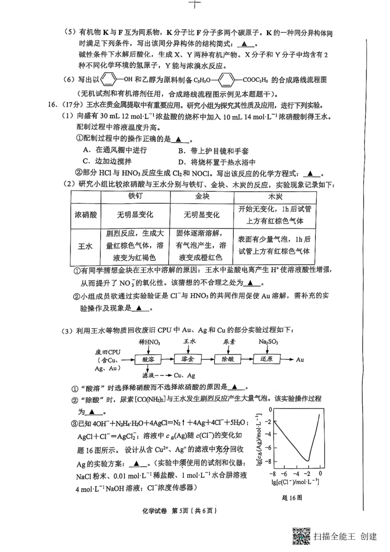 2025年高品质高中高考科研卷化学_2025年5月_05192025届江苏省高品质高中高三下学期5月调研测试_江苏省高品质高中2025届高三下学期5月调研测试化学试卷