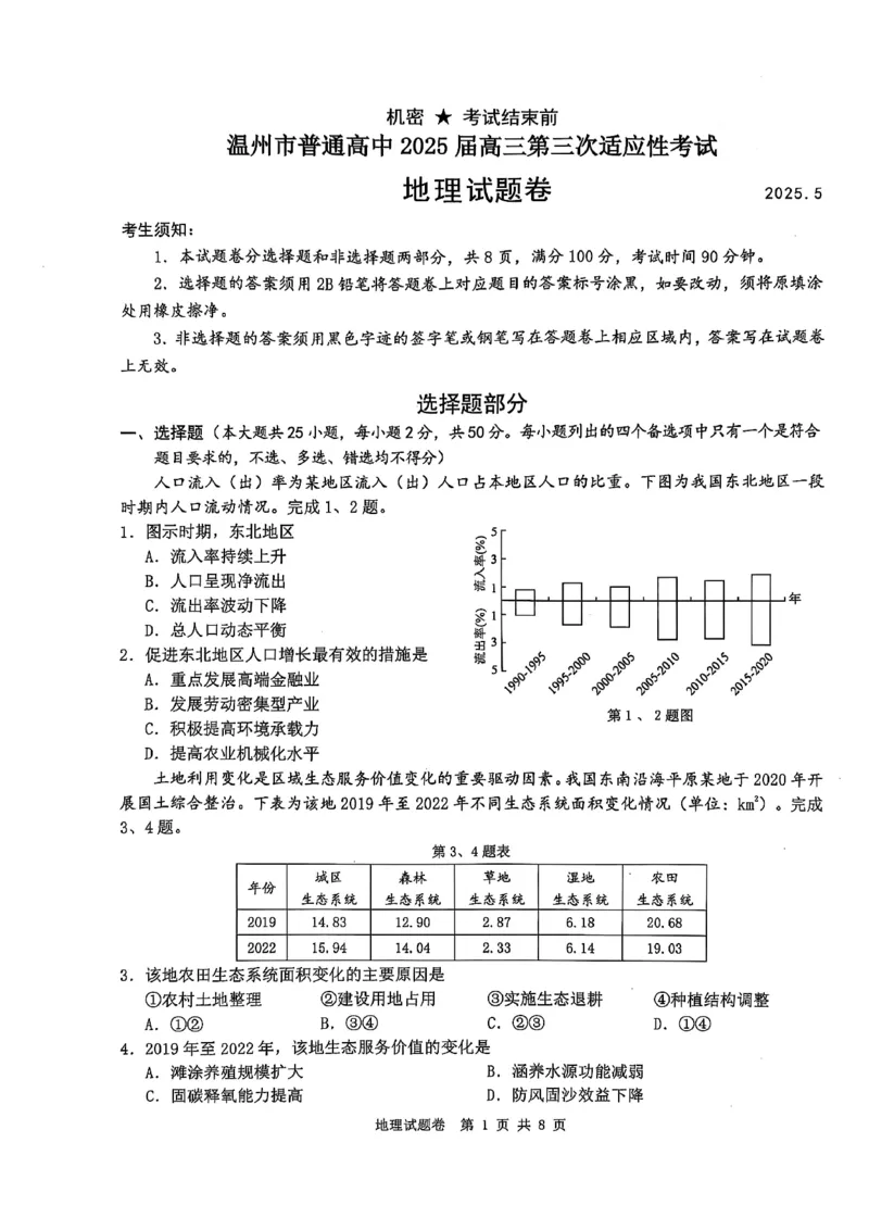 2025年5月浙江省温州市高三下学期三模地理_2025年5月_250512浙江省温州市普通高中2025届高三第三次适应性考试（温州三模）（全科）_温州市普通高中2025届高三第三次适应性考试地理