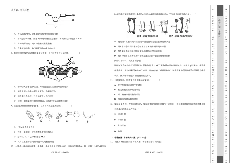 高一生物期中模拟卷测试范围：第1~4章（考试版A3）（天津专用）_1多考区联考试卷_1021高一期中模拟卷（天津专用）黄金卷：2024-2025学年高一上学期期中模拟考试