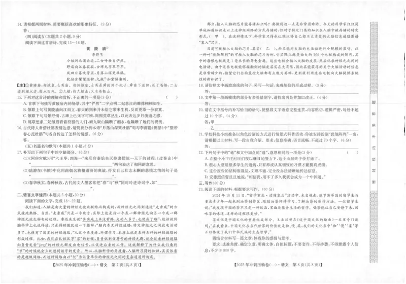 2025年普通高中学业水平选择性考试冲刺压轴卷（一)语文试卷_2025年4月_2504042025年普通高中学业水平选择性考试冲刺压轴卷（一)