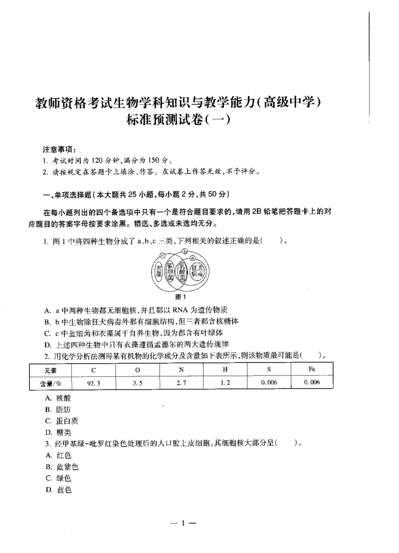 高中生物标准预测试卷题目1-5_4-教培资料-26年最新资料-同步更新_科一科二电子资料合集中小幼（笔记真题知识点汇总等）文件多，按需保存_各机构笔记合集（中小幼）推荐