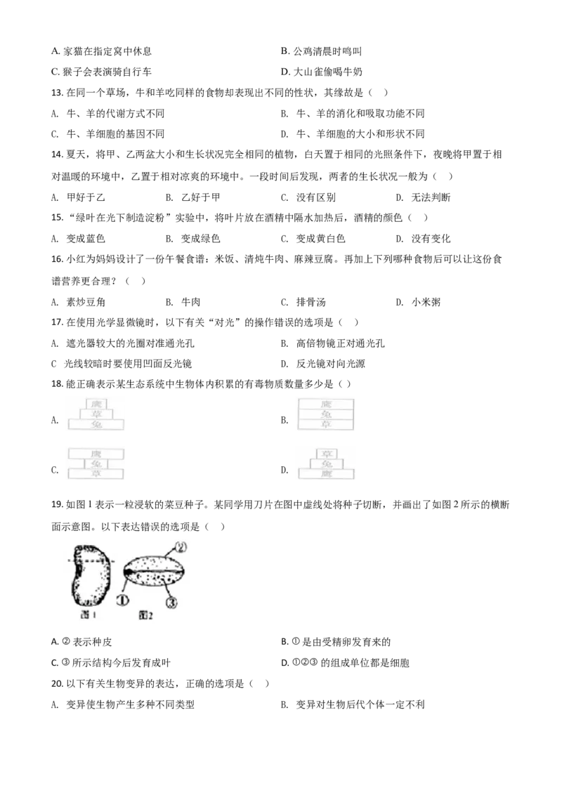 精品解析：山东省日照市2020年中考生物试题（原卷版）_中考真题_8.生物中考真题2015-2024年_2020生物真题74份_精品解析：山东省日照市2020年中考生物试题