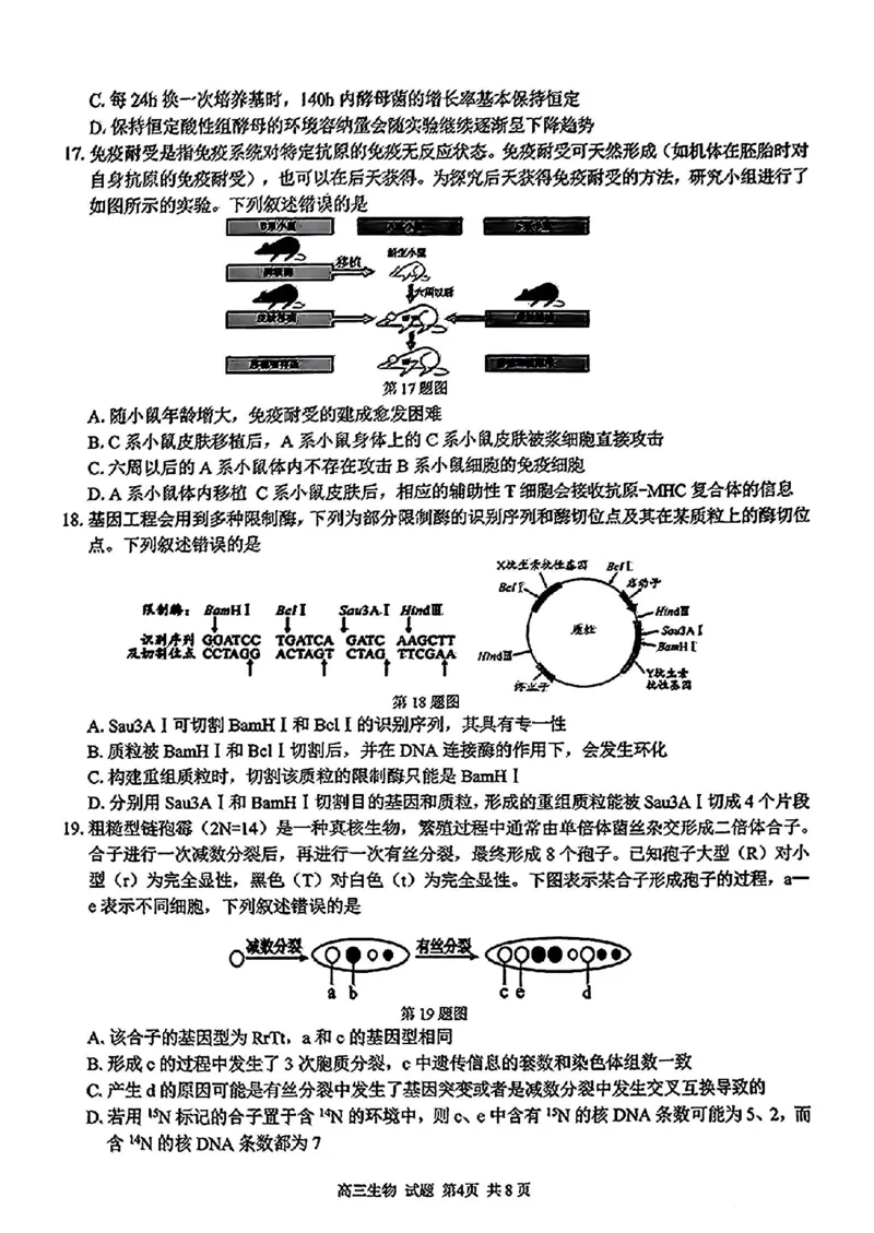 2024学年第二学期浙江省七彩阳光新高考研究联盟返校联考生物+答案_2025年2月_2502172024学年第二学期浙江省七彩阳光新高考研究联盟返校联考（全科）