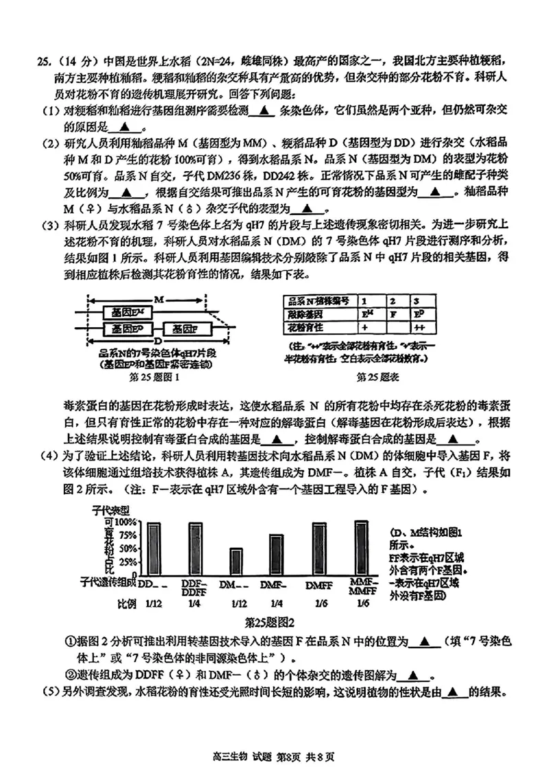 2024学年第二学期浙江省七彩阳光新高考研究联盟返校联考生物+答案_2025年2月_2502172024学年第二学期浙江省七彩阳光新高考研究联盟返校联考（全科）