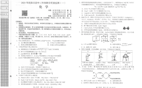 一模化学_2025年1月_250109辽宁省沈阳市2025届高三上学期教学质量监测（一）_辽宁省沈阳市2025届高三上学期教学质量监测（一）化学