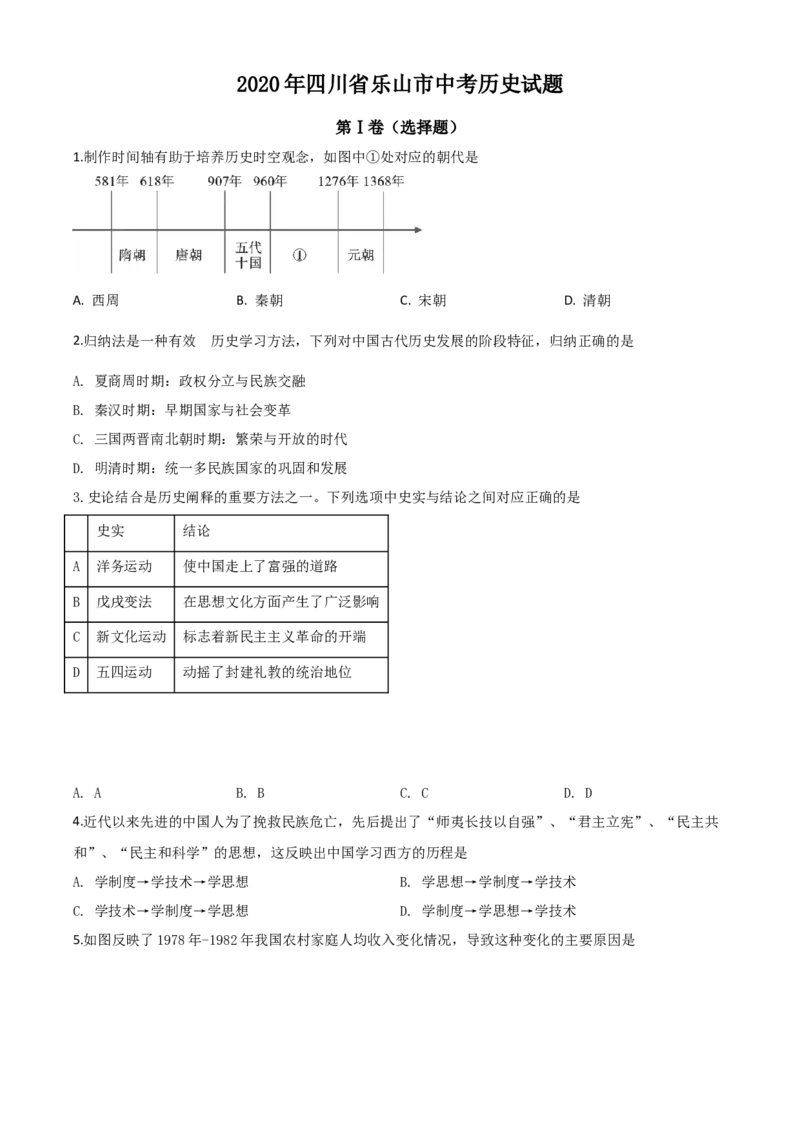 精品解析：四川省乐山市2020年中考历史试题（原卷版）_中考真题_6.历史中考真题2015-2024年_2020历史真题79份_2020年中考真题精品解析历史（四川乐山卷）精编word版