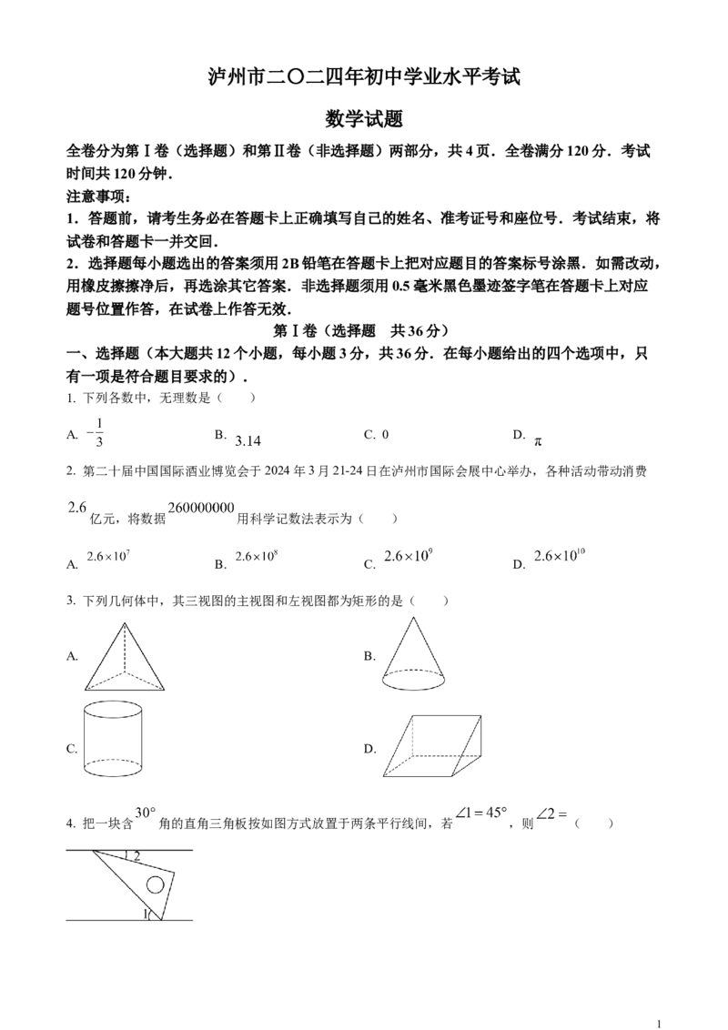 精品解析：2024年四川省泸州市中考数学试题（原卷版）_中考真题_2.数学中考真题2015-2024年_2024中考数学真题