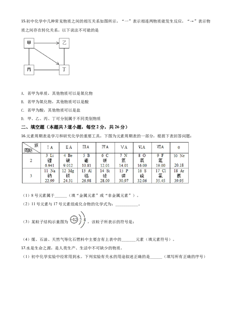 精品解析：湖南省岳阳市2020年中考化学试题（原卷版）_中考真题_5.化学中考真题2015-2024年_2020中考化学真题（113份）_2020年中考真题精品解析化学（湖南岳阳卷）精编word版